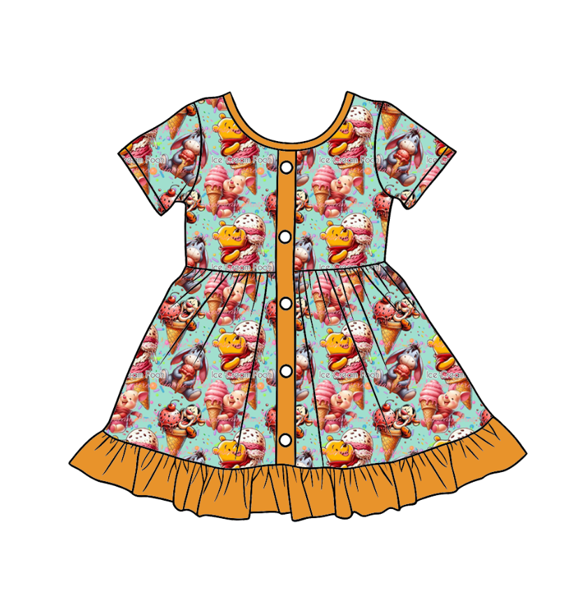 Custom moq 5 mix size milk silk baby girl boy clothes cartoon short sleeve shorts sets 2 and dresses and top