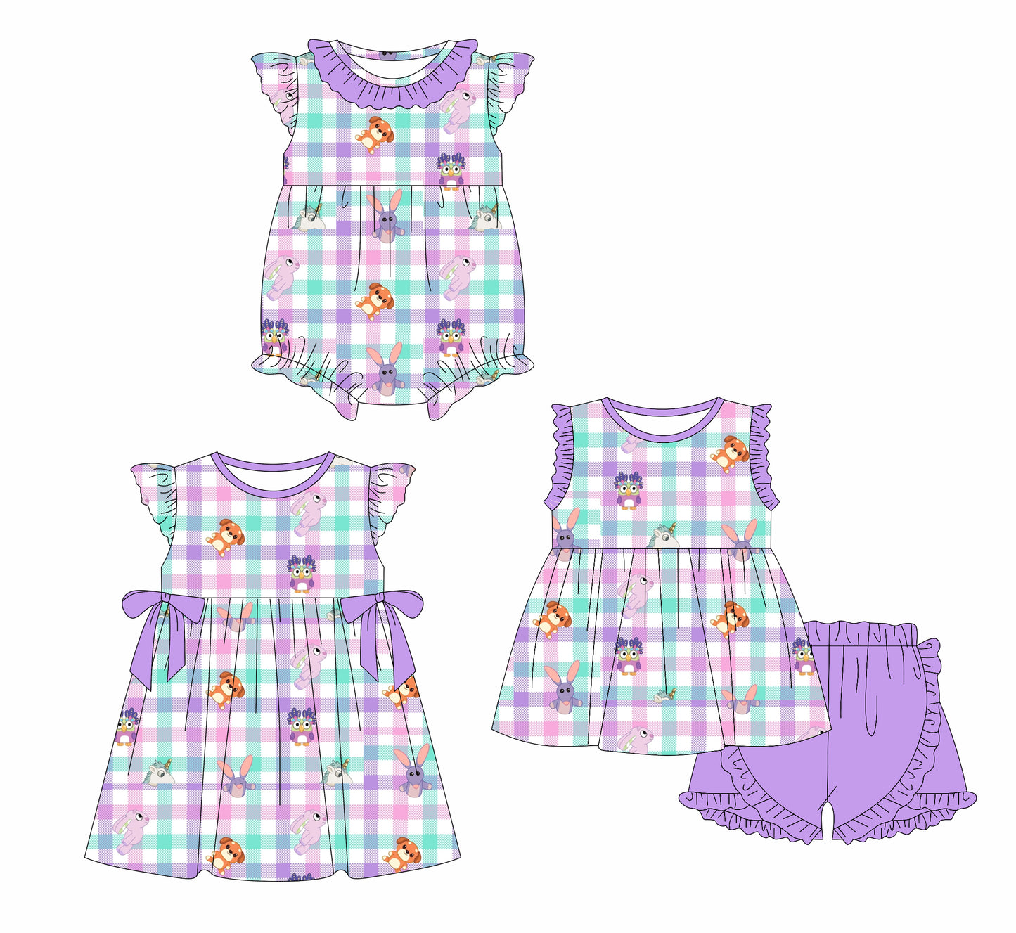 1.10 custom each style moq 5eta 4-6week Sibling Sister cartoon baby girl short sleeve shorts sets and dress and rompers match family design