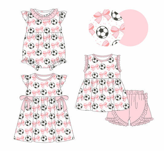 3.17 custom each style moq 5eta 4-6week Sibling Sisters bow football baby girl short sleeve shorts sets and dress and rompers match family design
