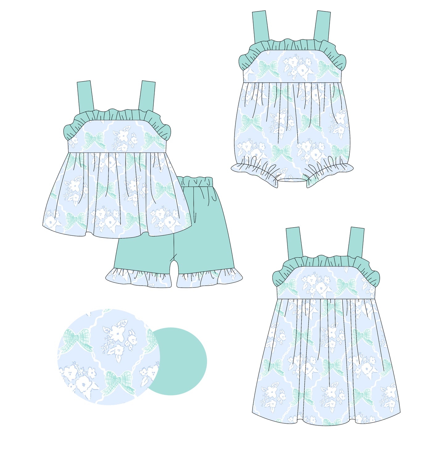 1.23 custom each style moq 5eta 4-6week Sibling Sisters bow floral baby girl short sleeve shorts sets and dress and rompers match family design