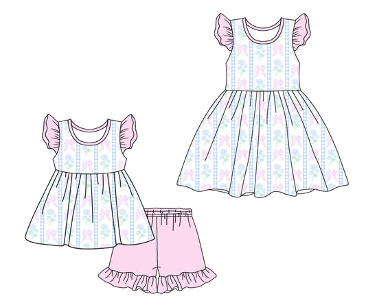 1.16 custom each style moq 5eta 4-6week Sibling Sister bow baby girl short sleeve shorts sets and dresses match design