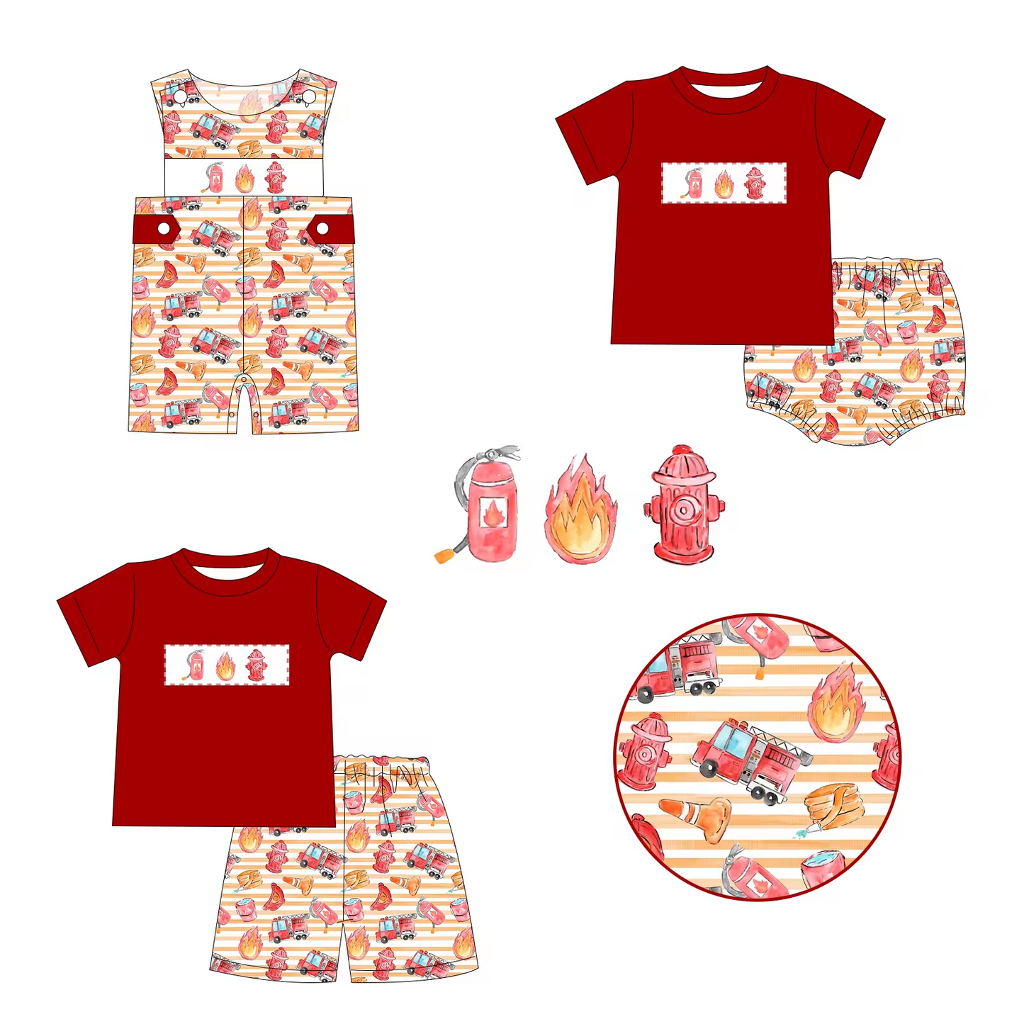 5.14custom each style moq 5eta 4-5week Sibling Sister Fire equipment print red boys outfit match family design