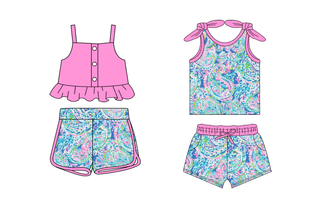 1.20 custom each style moq 5eta 4-6week Sibling Sister floral pattern baby girls short sleeve shorts sets and set 2 match design