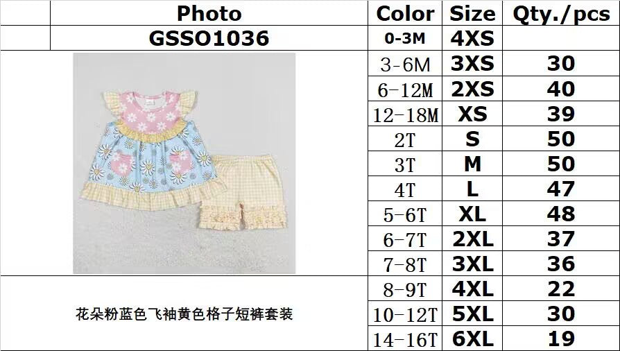 rts no moq GSSO1036 Flower pink blue flying sleeves yellow plaid shorts suit