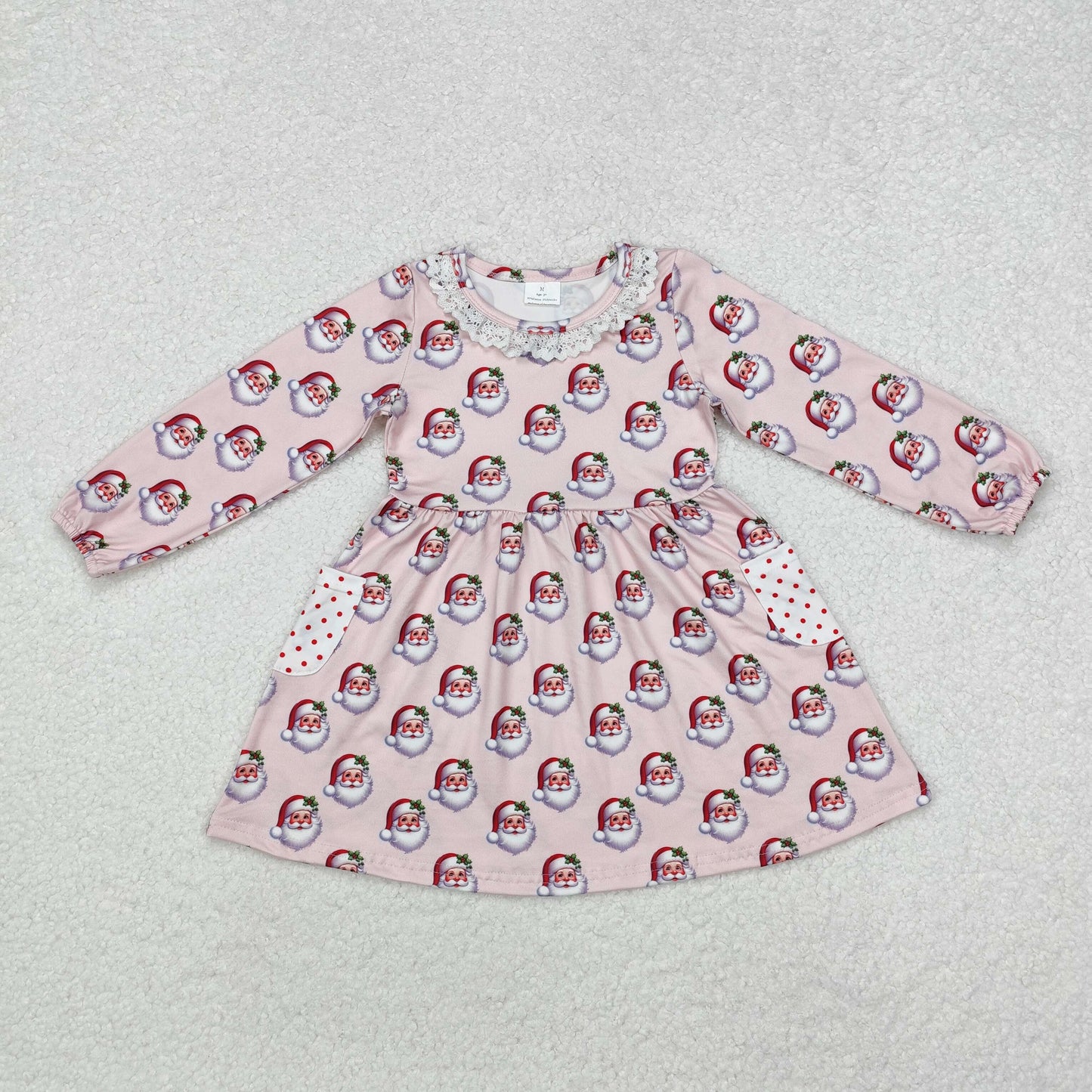 RTS NO MOQ ETA 5/7days arrived GLD0839 Santa Claus Polka Dot Pocket Pink Long Sleeve Dress