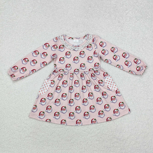 RTS NO MOQ ETA 5/7days arrived GLD0839 Santa Claus Polka Dot Pocket Pink Long Sleeve Dress