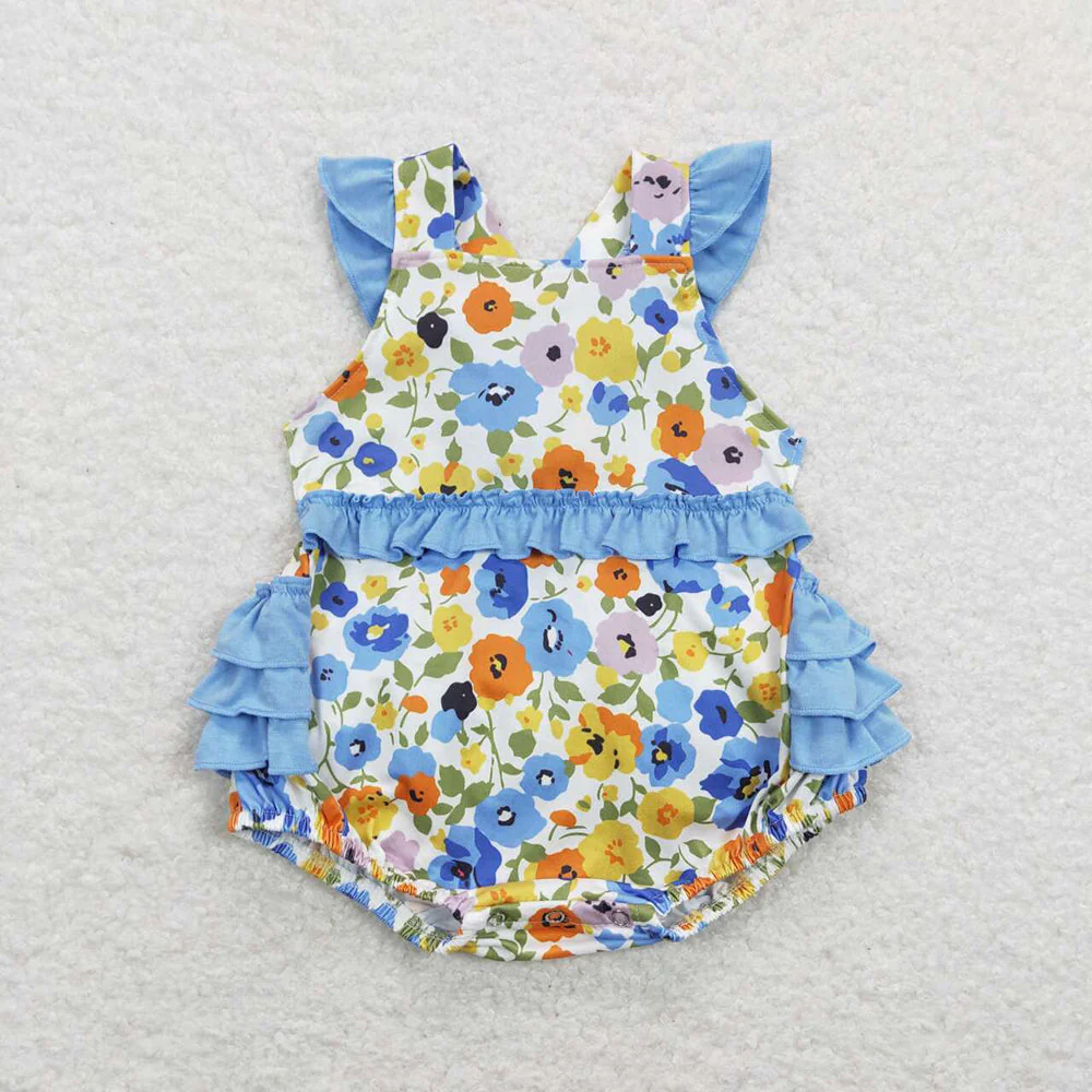 Baby Girls Blue Flowers Tunic Ruffle Sibling Sister Rompers Dresses Clothes Sets