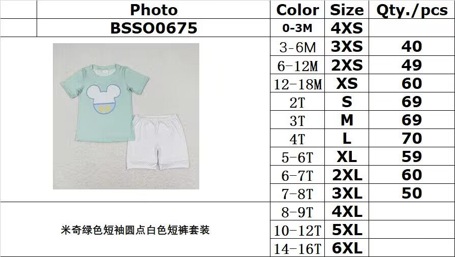 rts no moq BSSO0675 Mickey green short sleeve polka dot white shorts suit