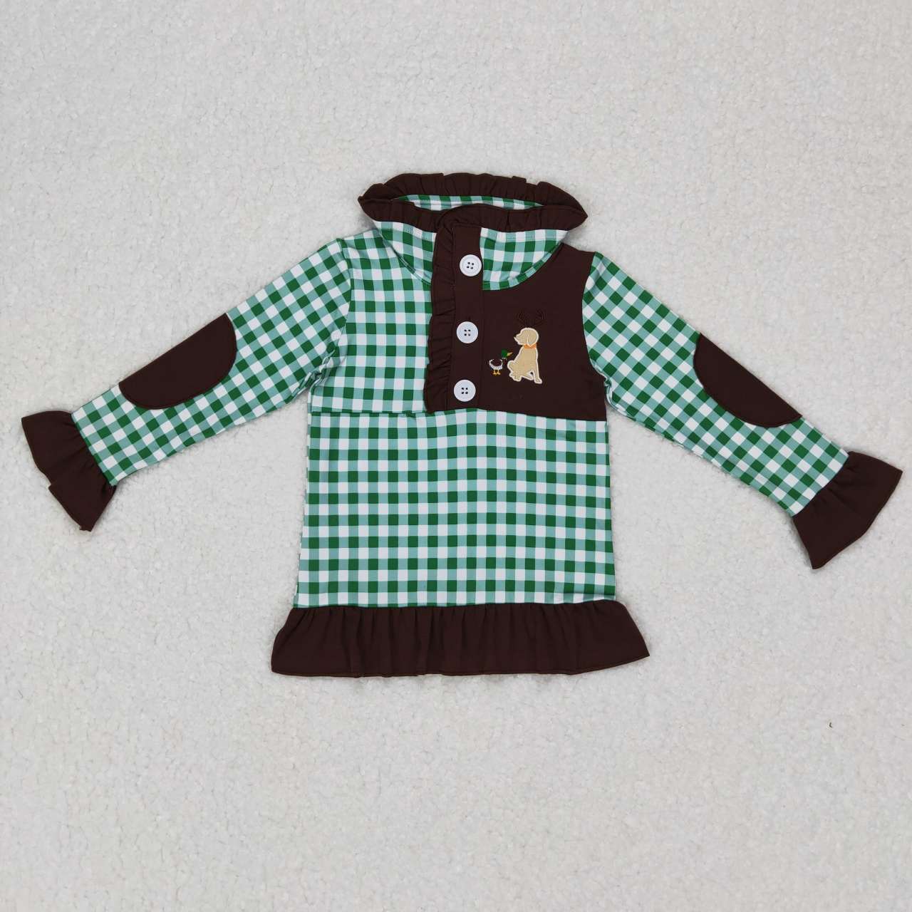 GT0284 Embroidery Mallard Puppy Green White Plaid Brown Lace Zipper Long Sleeve Top