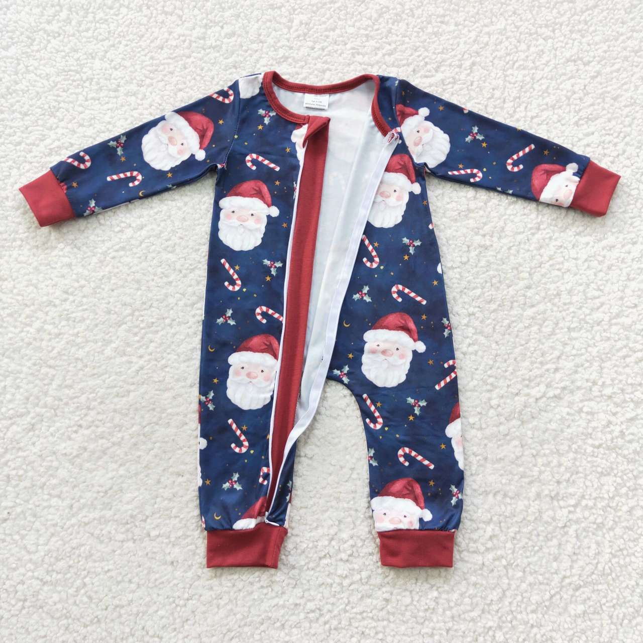 LR0498 Candy Cane Santa Navy Blue Zipper Long Sleeve Onesie