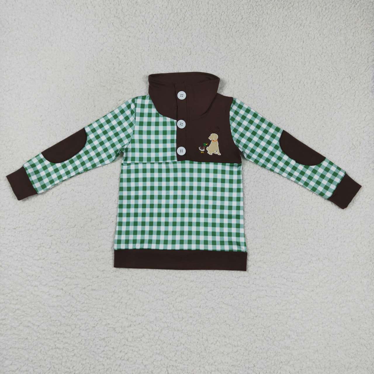 BT0301 Mallard puppy green white plaid brown zipper long sleeve top