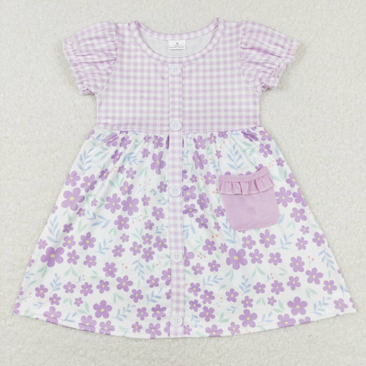 GSD0577 Floral Purple and White Plaid Button Short Sleeve Dress