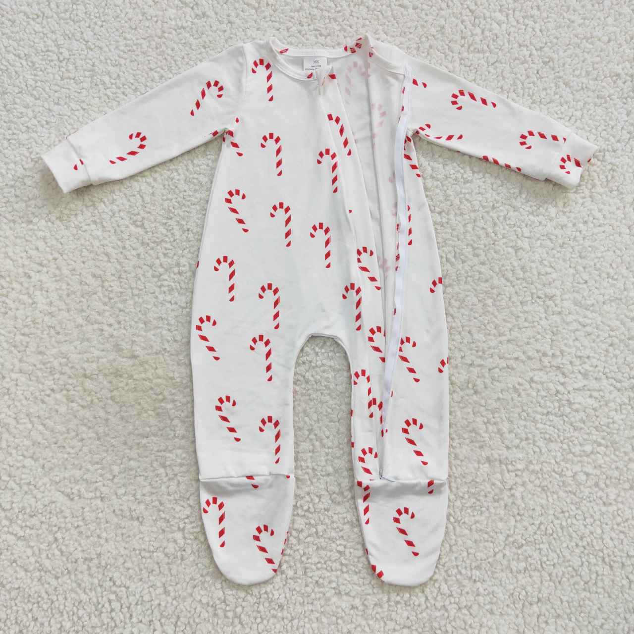 LR0551 Candy Cane Lace White Zip Long Sleeve Bodysuit