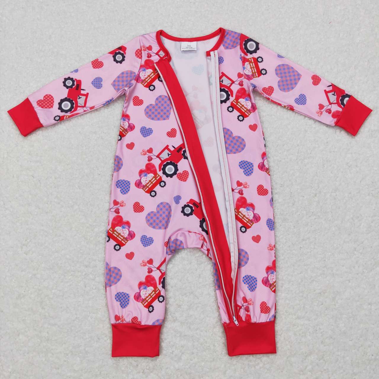 LR0774 Plaid Love Truck Tractor Pink Zip Long Sleeve Jumpsuit