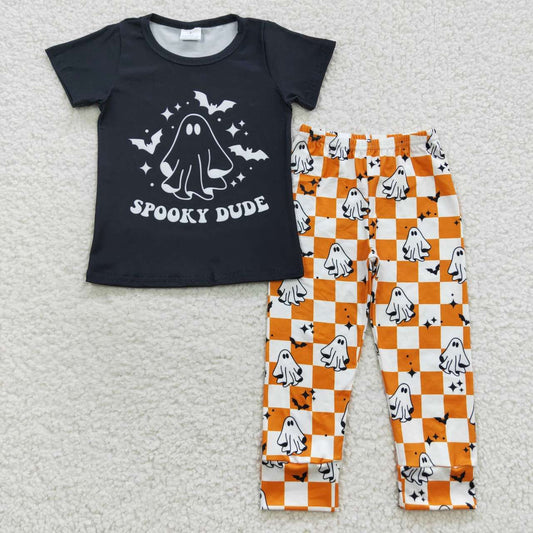 BT0247 spooky dude spooky bat black short sleeve top+P0167 Ghost Bat Orange Plaid Boys Trousers