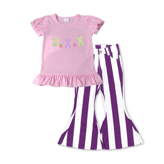 P0331 Purple and white striped denim trousers+GT0391 Embroidery Easter Egg Rabbit Pink Lantern Sleeve Short Sleeve Top