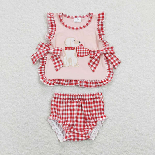GBO0230 Embroidered love puppy lace bow pink top red and white plaid briefs set