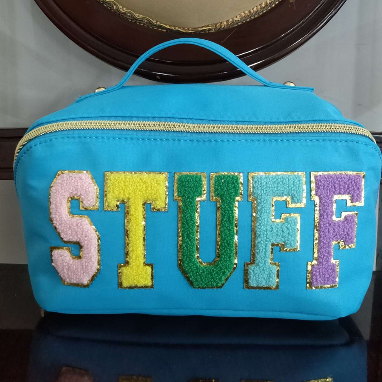 BA0093 stuff alphabet teal cosmetic bag