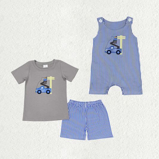 RTS NO MOQ Baby Boys Construction Line Man Sibling Rompers Clothes Sets Boys Embroidery