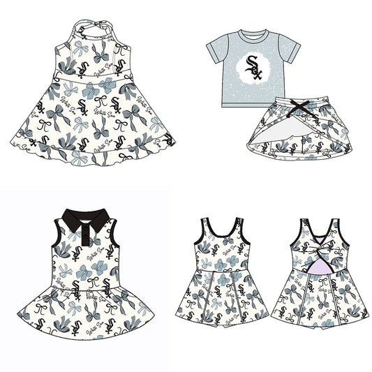 Custom moq 5 mix sizes summer teams baby girls clothes team gray short sleeve skirts shorts sets dress 1 and dress 2 and dress 3 and dress 4-25.5.19