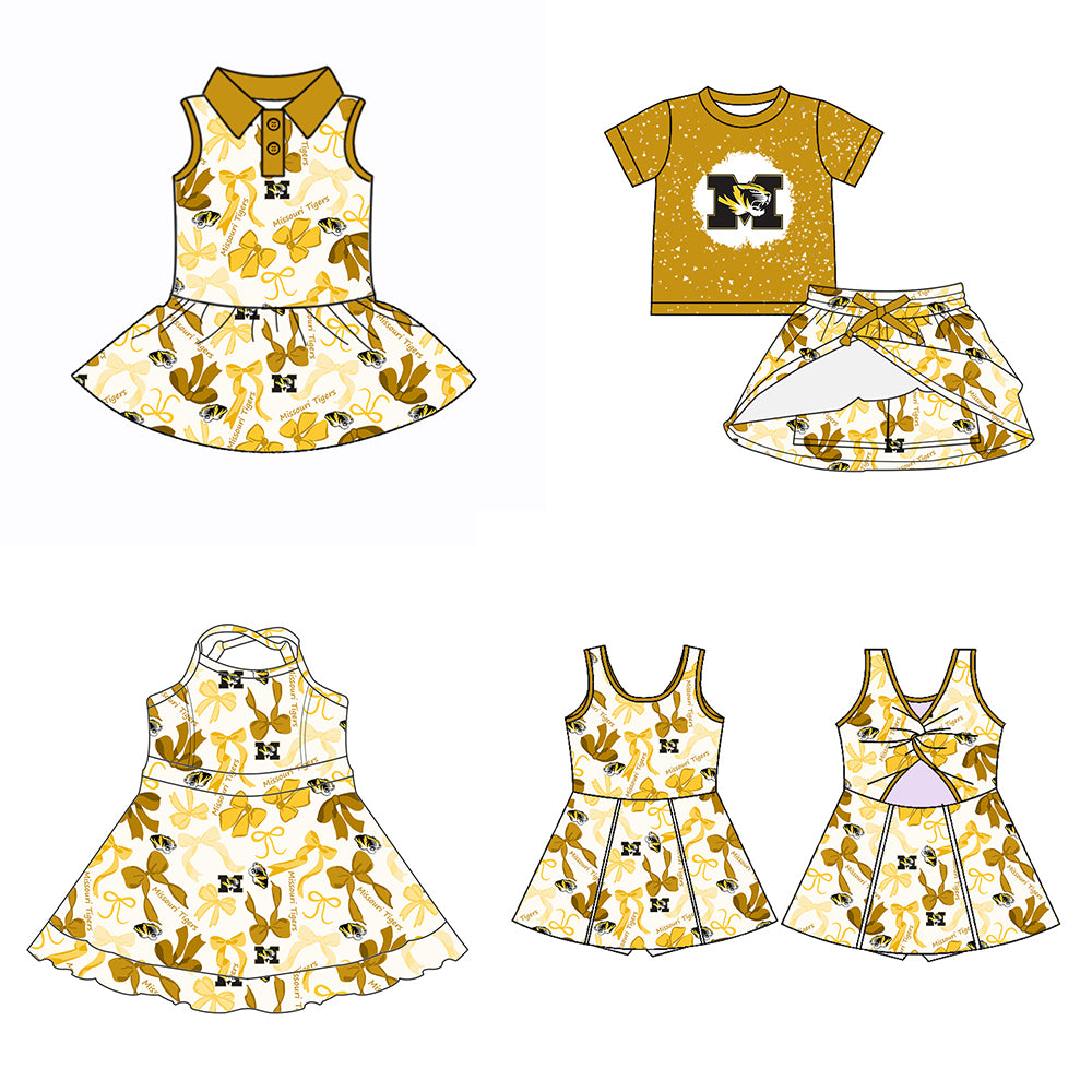 Custom moq 5 mix sizes summer teams baby girls clothes team yellow short sleeve skirts shorts sets dress 1 and dress 2 and dress 3 and dress 4-25.5.14