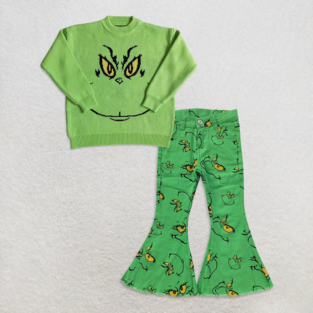 Sibling baby girl clothes Christmas long-sleeved sweater Cartoon green denim trousers with smiley face