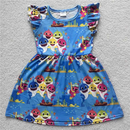 Colorful shark blue flying sleeve dress 彩色鲨鱼蓝色飞袖裙