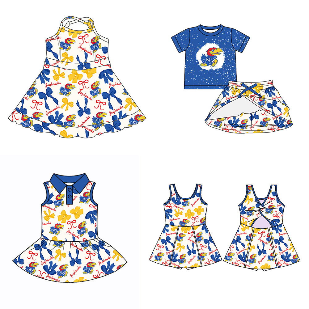 Custom moq 5 mix sizes summer teams baby girls clothes team blue short sleeve skirts shorts sets dress 1 and dress 2 and dress 3 and dress 4-25.5.22