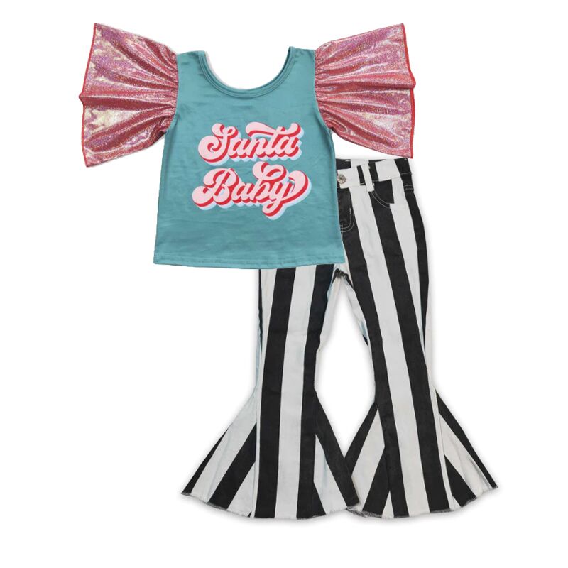 P0046 Black and white striped denim trousers+GT0286 santa baby brick red satin hot stamping bell sleeve green top