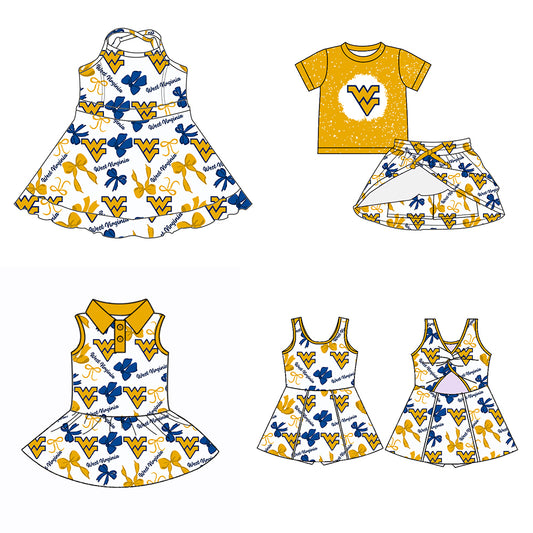 Custom moq 5 mix sizes summer teams baby girls clothes team yellow short sleeve skirts shorts sets dress 1 and dress 2 and dress 3 and dress 4-25.5.23