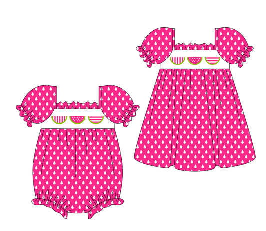 1.17 custom each style moq 5eta 4-6week Sibling Sister watermelon baby girl short sleeve dress and rompers match family design