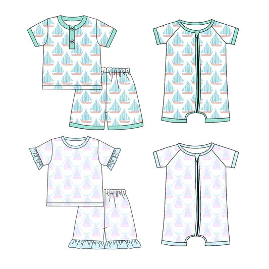 1.21 custom each style moq 5eta 4-6week Sibling Sister boat baby girl short sleeve shorts sets and sets 2 and boy romper and girl romper match design