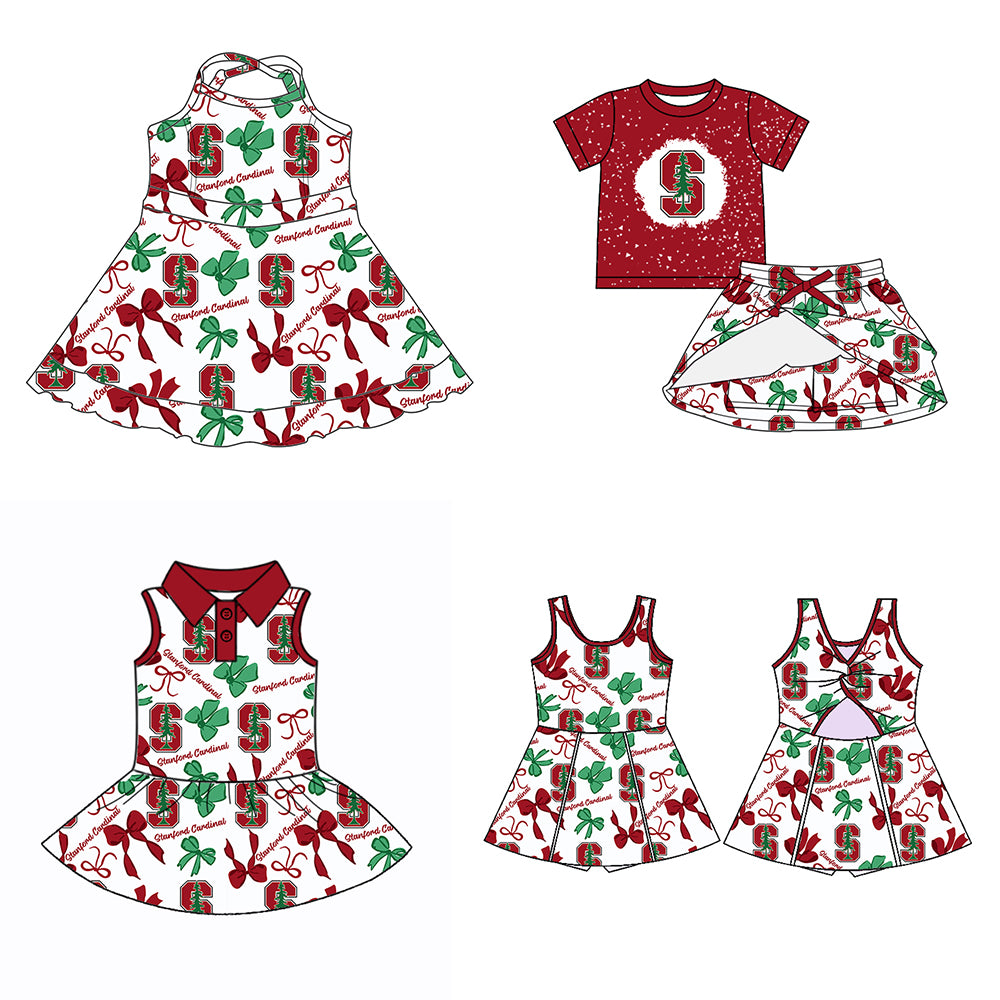 Custom moq 5 mix sizes summer teams baby girls clothes team brick red short sleeve skirts shorts sets dress 1 and dress 2 and dress 3 and dress 4-25.5.24
