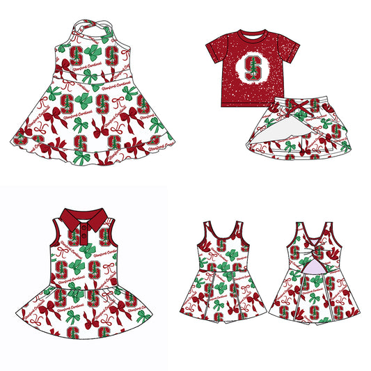 Custom moq 5 mix sizes summer teams baby girls clothes team brick red short sleeve skirts shorts sets dress 1 and dress 2 and dress 3 and dress 4-25.5.24