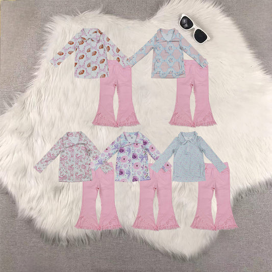 RTS NO MOQ Sibling baby girl clothes yoga rugby bow zipper long sleeve top Pink tassel elastic waist denim pants sets 5