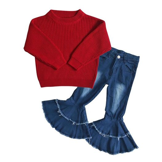 RTS NO MOQ Denim sweater suit red sweater denim