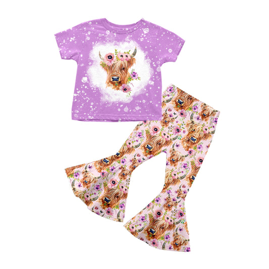 5.8custom each style moq 5eta 4-5week Sibling Sister bull head and flower prints purple girls set and dress match family design