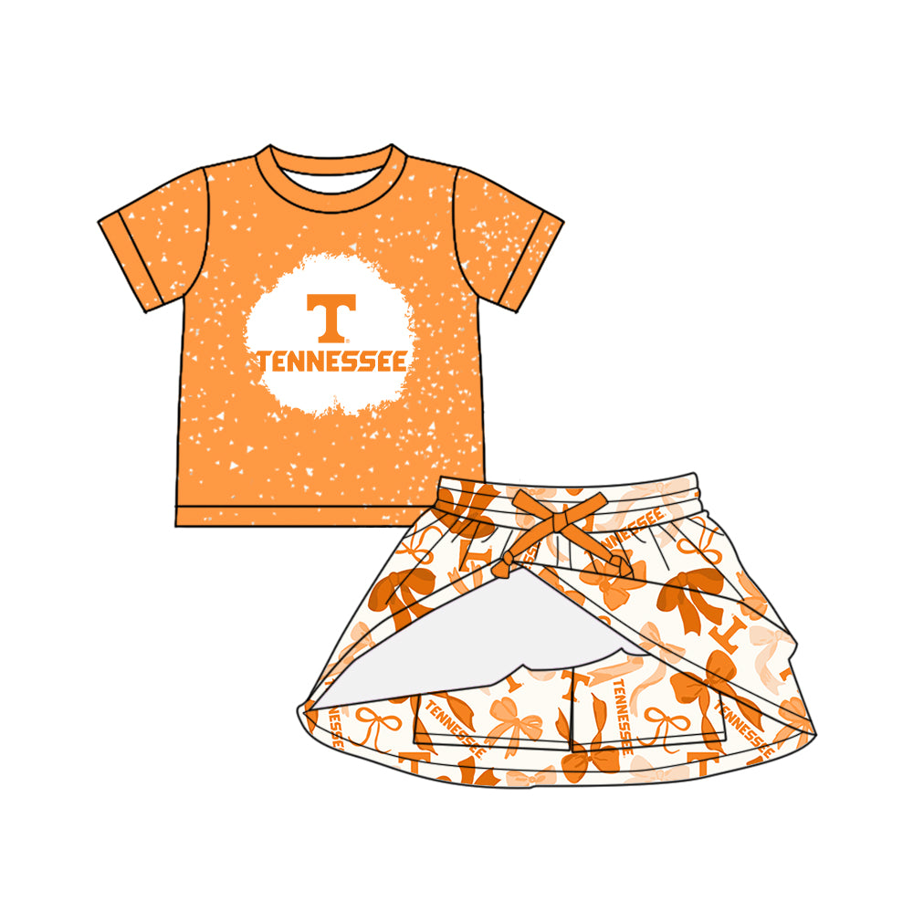 Custom moq 5 mix sizes summer teams baby girls clothes team orange short sleeve skirts shorts sets dress 1 and dress 2 and dress 3 and dress 4-25.5.15