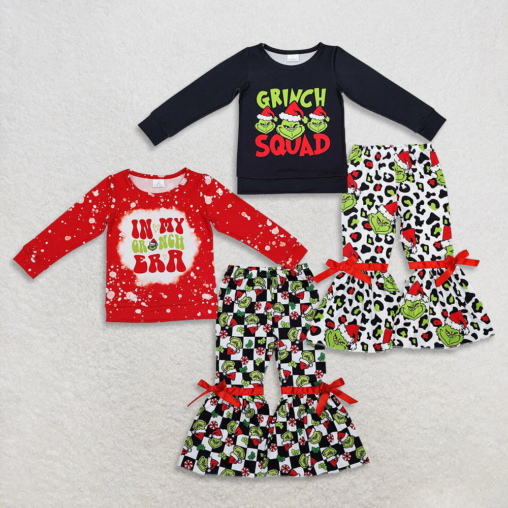 RTS NO MOQ Sibling baby girl clothes Christmas Long Sleeve Top-Bow Flared Pants Sets