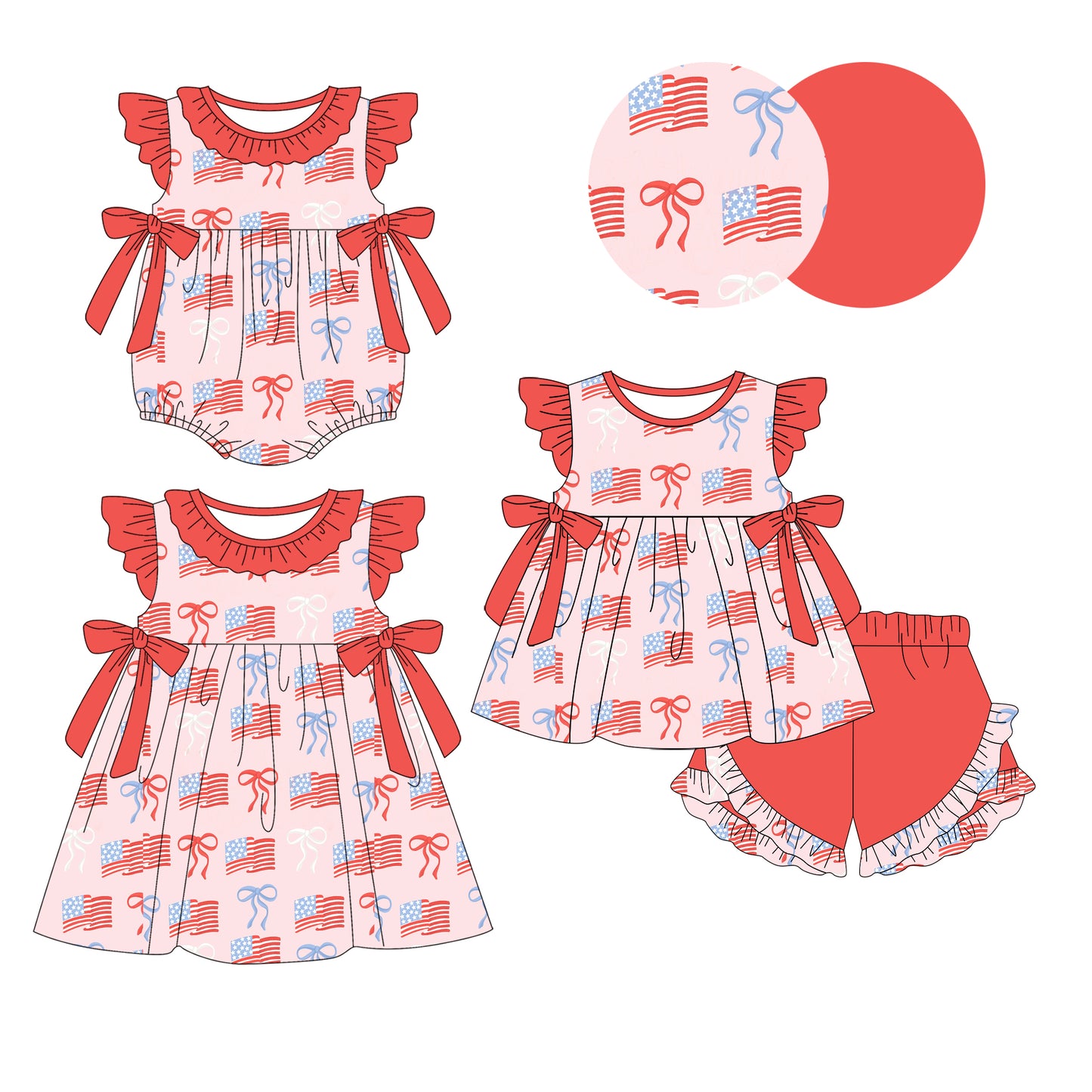 1.10 custom each style moq 5eta 4-6week Sibling Sister flag bow baby girl short sleeve shorts sets and dress and rompers match family design