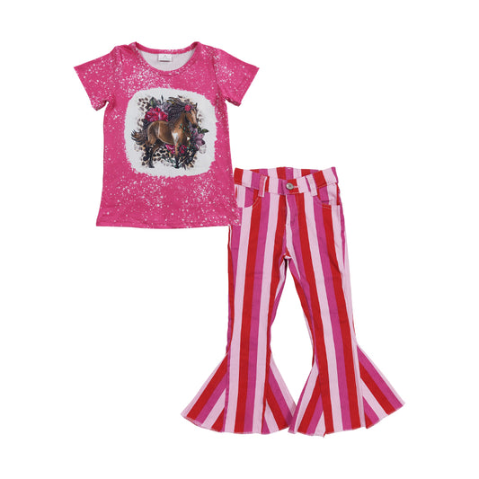 GT0122 Girls' horse flower rose red short-sleeved top+P0043 Light pink, dark pink and bright red striped denim trousers