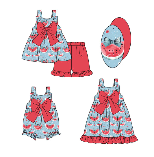 2.7 custom each style moq 5eta 4-6week Sibling Sisters watermelon baby girl short sleeve shorts sets and dress and rompers match family design