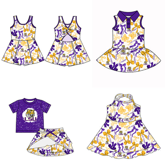Custom moq 5 mix sizes summer teams baby girls clothes team purple short sleeve skirts shorts sets dress 1 and dress 2 and dress 3 and dress 4-25.5.13
