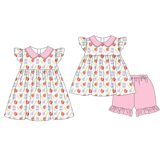 1.24 custom each style moq 5eta 4-6week Sibling Sister apple baby girl short sleeve shorts sets and dresses match design