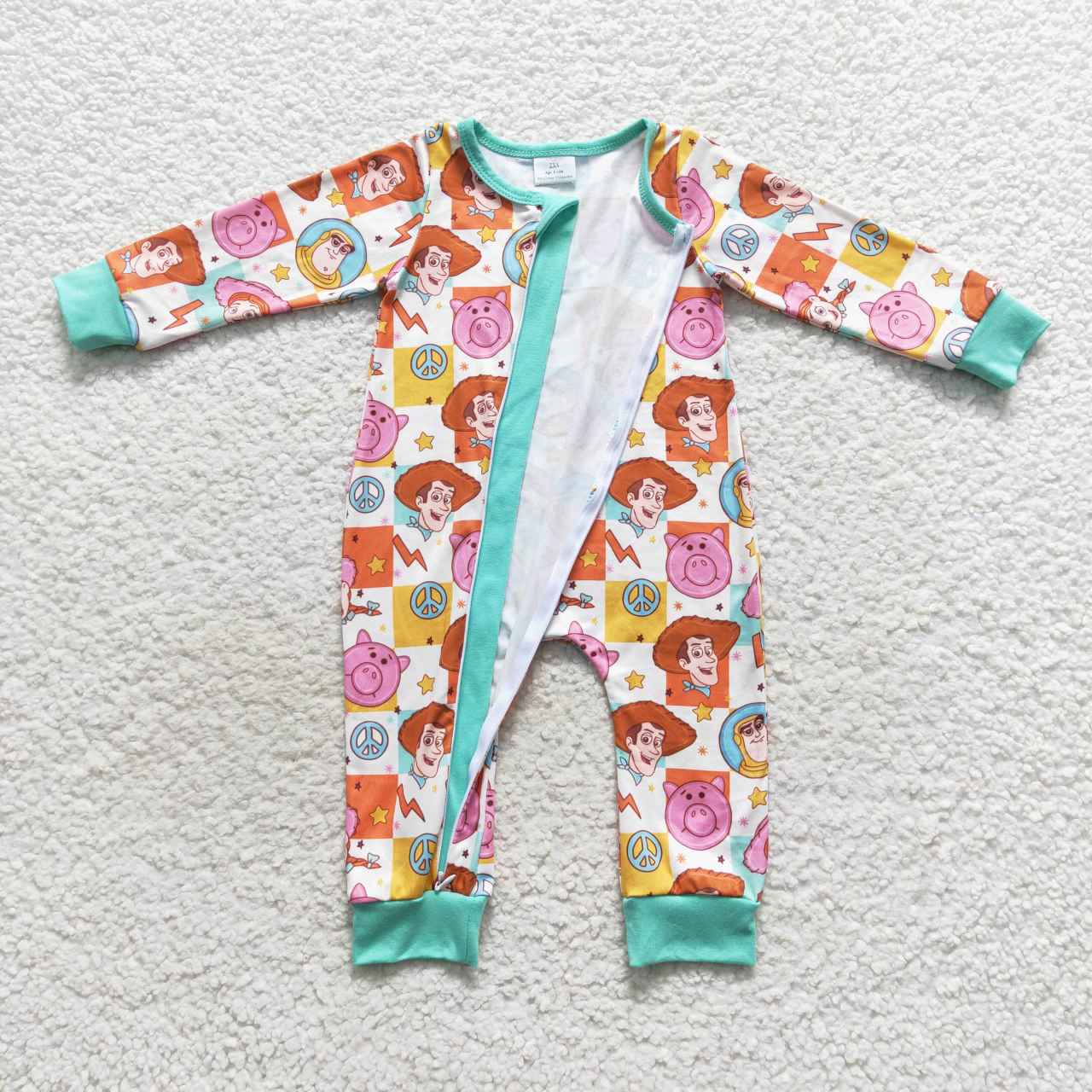 LR0558 Cartoon Toy Story Plaid Zip Long Sleeve Jumpsuit