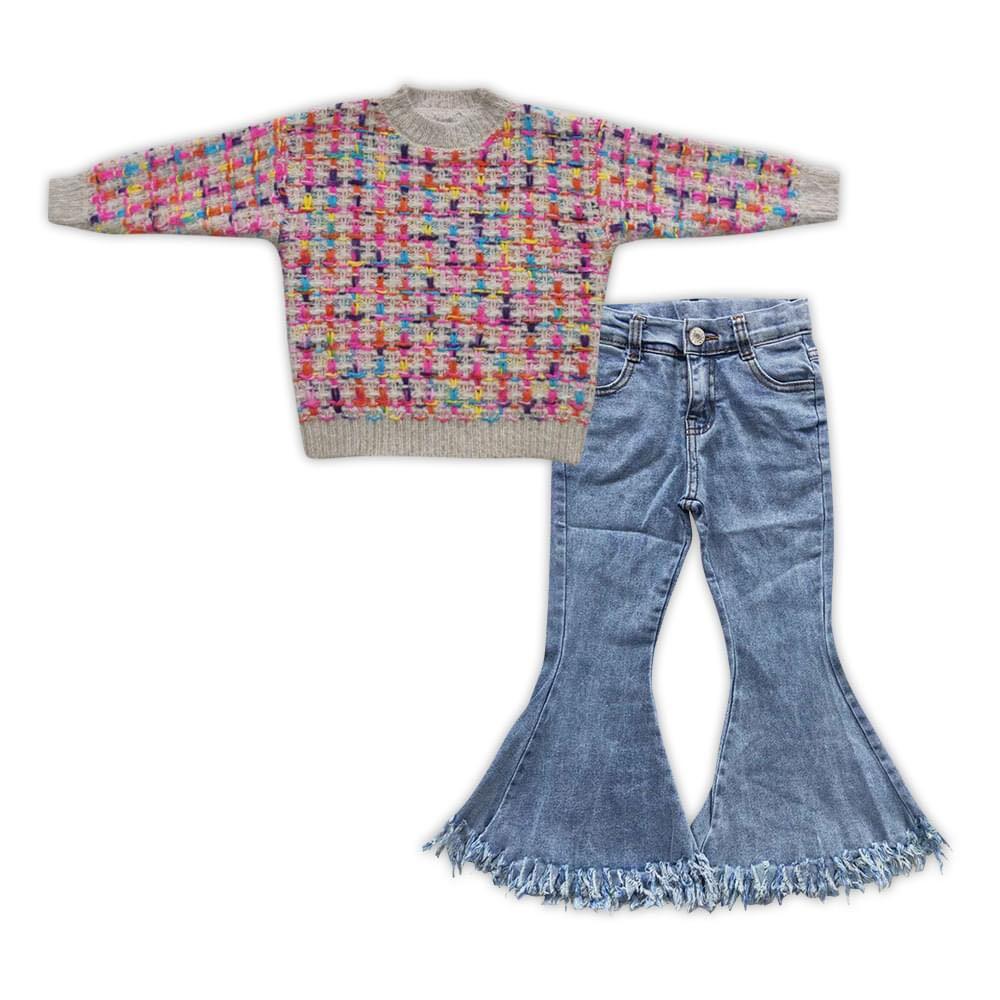 GT0302 Colorful Sweater Long Sleeve Top+P0132 Light blue fringed denim trousers