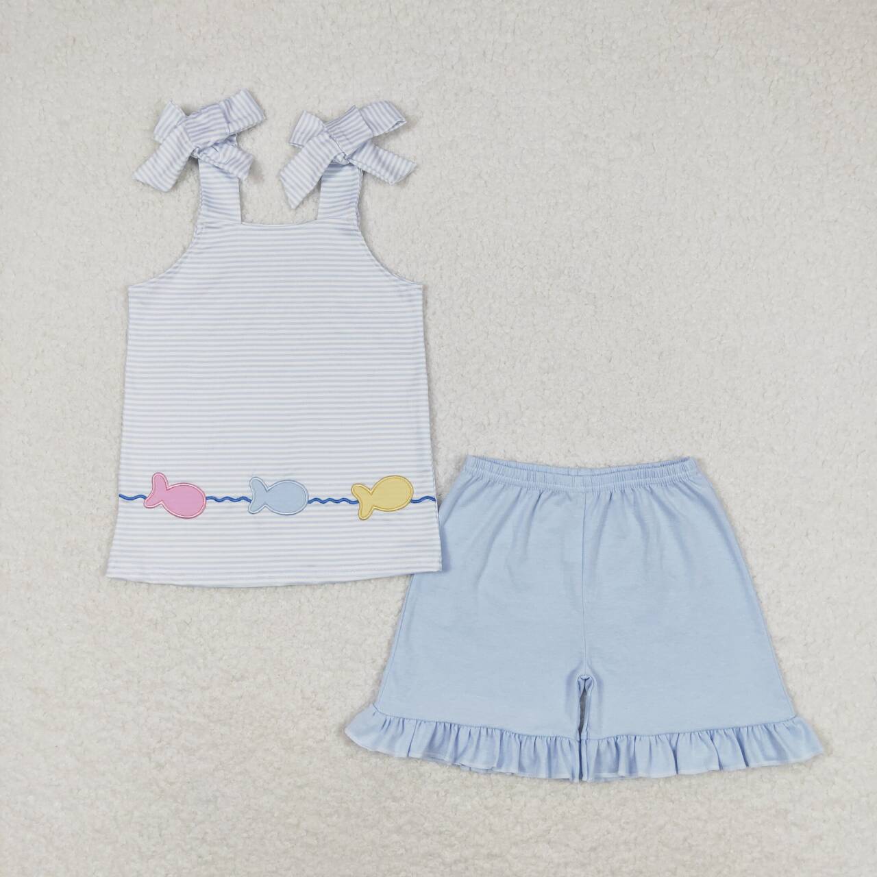RTS NO MOQ（In Stock) Embroidered fish stripe suspenders blue shorts set