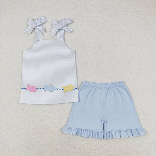 RTS  GSSO0809Embroidered fish stripe suspenders blue shorts set