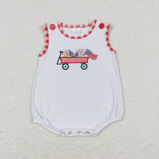 RTS NO MOQ（In Stock) Embroidery fireworks flag cart white vest jumpsuit