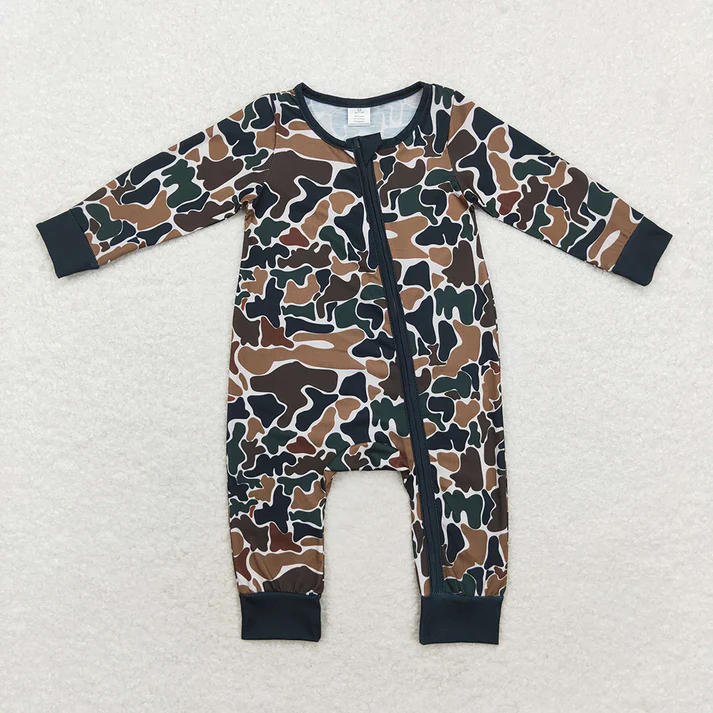 RTS NO MOQ Baby Boys Sibling Brown Camo Bamboo Rompers Pajamas Clothes Sets